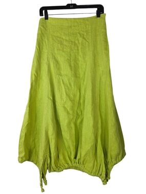 Kokomarina Linen Lagenlook Lime Green A-Line Balloon-Hem cut tied Midi Skirt